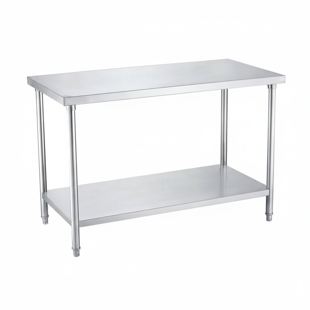 meja kerja dengan tingkat ganda untuk dapur komersial