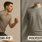 Perbandingan bahan pakaian dryfit vs polyester dari segi tekstur kain, daya serap keringat, dan penggunaan.