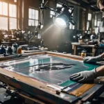 Proses afdruk sablon manual menggunakan emulsi pada screen untuk mencetak desain kaos secara presisi