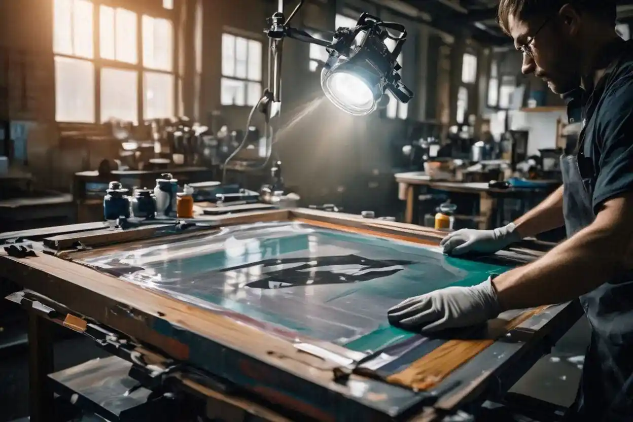 Proses afdruk sablon manual menggunakan emulsi pada screen untuk mencetak desain kaos secara presisi