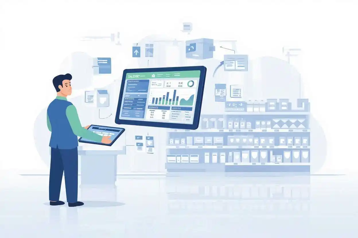 Ilustrasi alat bantu operasional toko digital untuk mengelola transaksi dan stok secara efisien