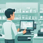 Ilustrasi pemilik toko melakukan pengelolaan transaksi penjualan toko menggunakan sistem POS modern dengan printer struk dan scanner di konter