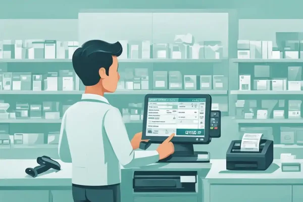 Ilustrasi pemilik toko melakukan pengelolaan transaksi penjualan toko menggunakan sistem POS modern dengan printer struk dan scanner di konter